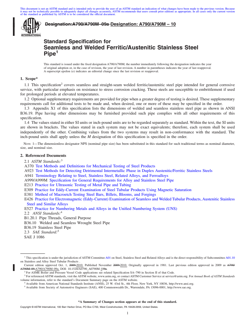 REDLINE ASTM A790/A790M-10 - Standard Specification for  Seamless and Welded Ferritic/Austenitic Stainless Steel Pipe