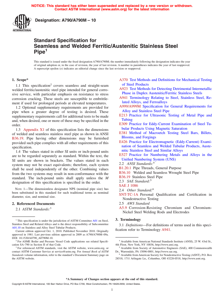 ASTM A790/A790M-10 - Standard Specification for  Seamless and Welded Ferritic/Austenitic Stainless Steel Pipe