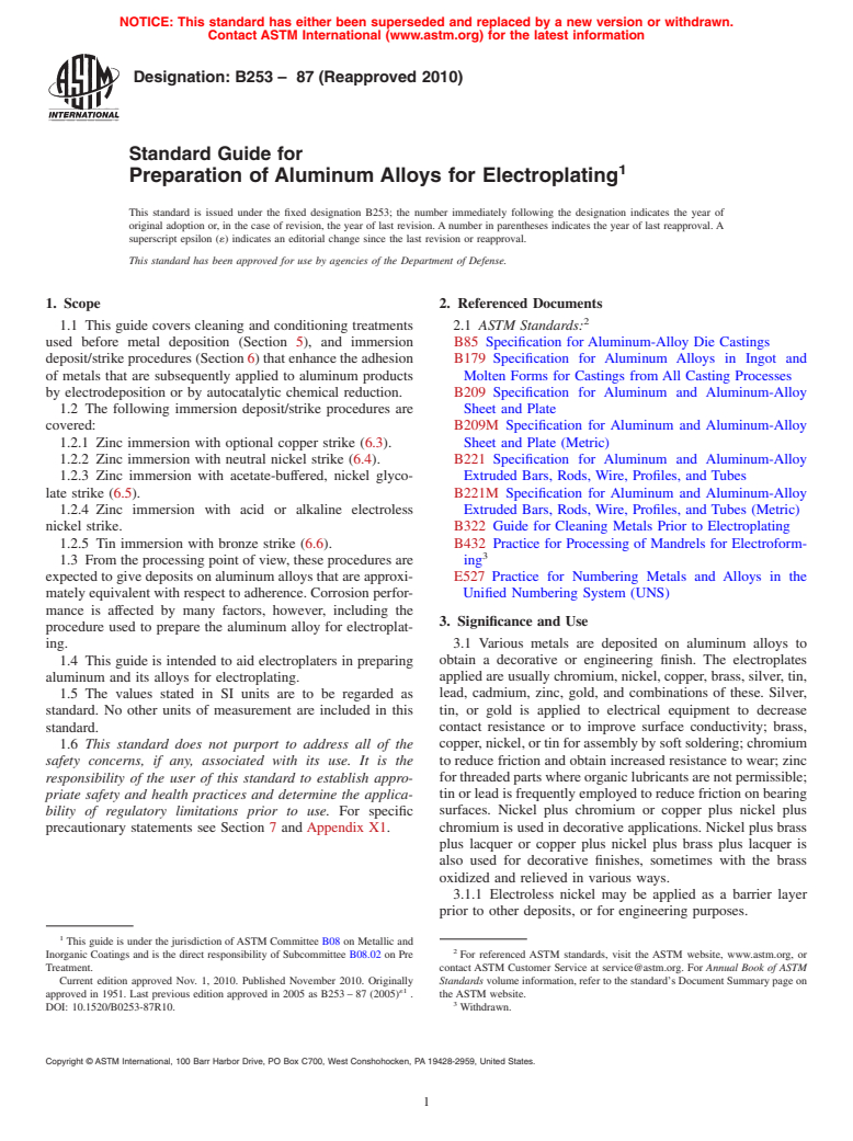 ASTM B253-87(2010) - Standard Guide for Preparation of Aluminum Alloys for Electroplating