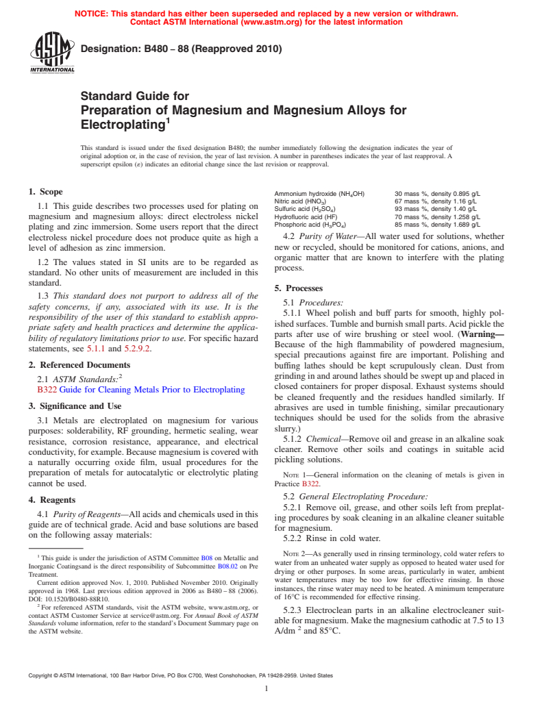 ASTM B480-88(2010) - Standard Guide for Preparation of Magnesium and Magnesium Alloys for Electroplating
