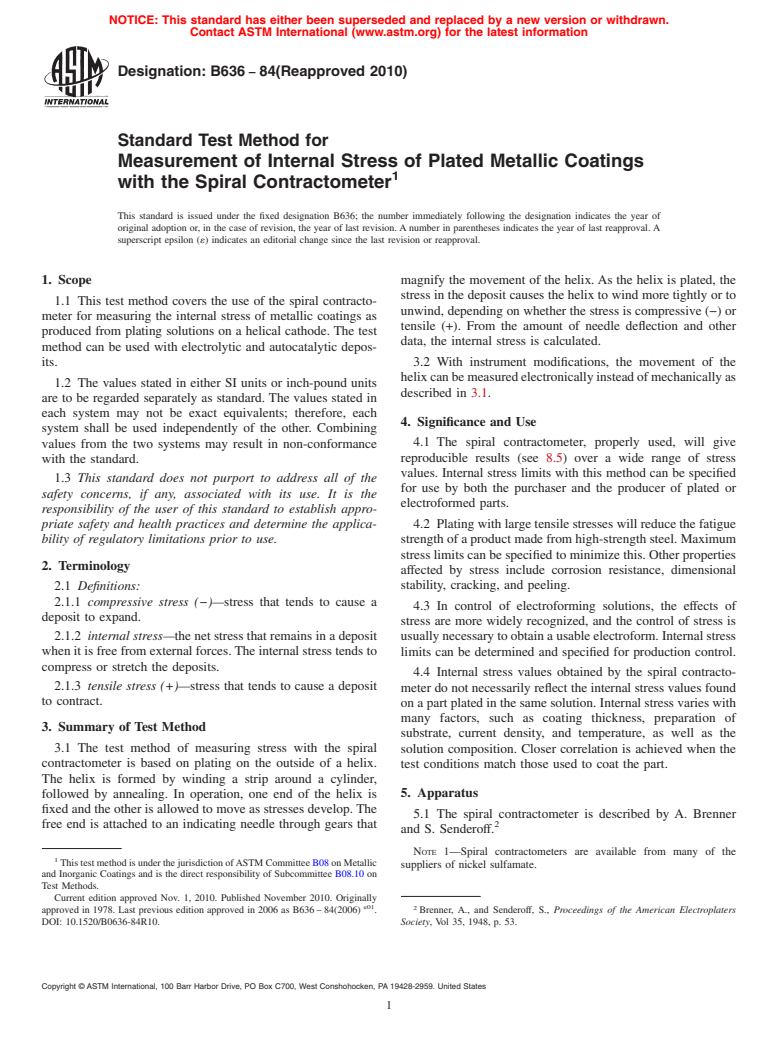 ASTM B636-84(2010) - Standard Test Method for Measurement of Internal Stress of Plated Metallic Coatings with the Spiral Contractometer