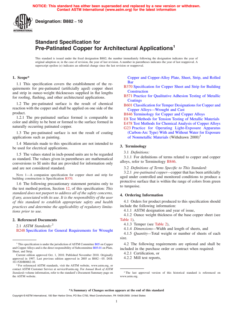 ASTM B882-10 - Specification for Pre-Patinated Copper for Architectural Applications