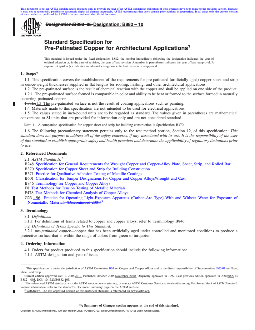 REDLINE ASTM B882-10 - Specification for Pre-Patinated Copper for Architectural Applications