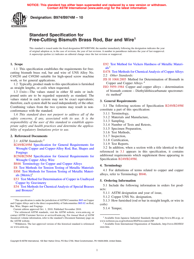 ASTM B974/B974M-10 - Standard Specification for Free-Cutting Bismuth Brass Rod, Bar and Wire