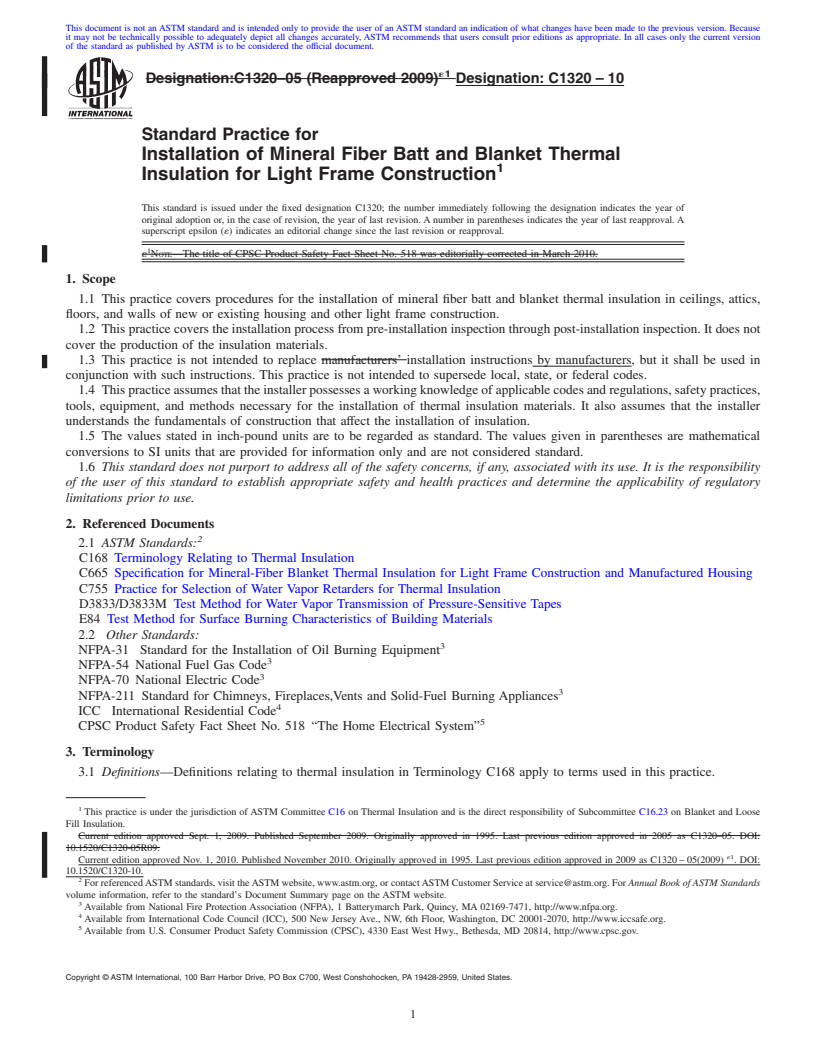 REDLINE ASTM C1320-10 - Standard Practice for Installation of Mineral Fiber Batt and Blanket Thermal Insulation for Light Frame Construction