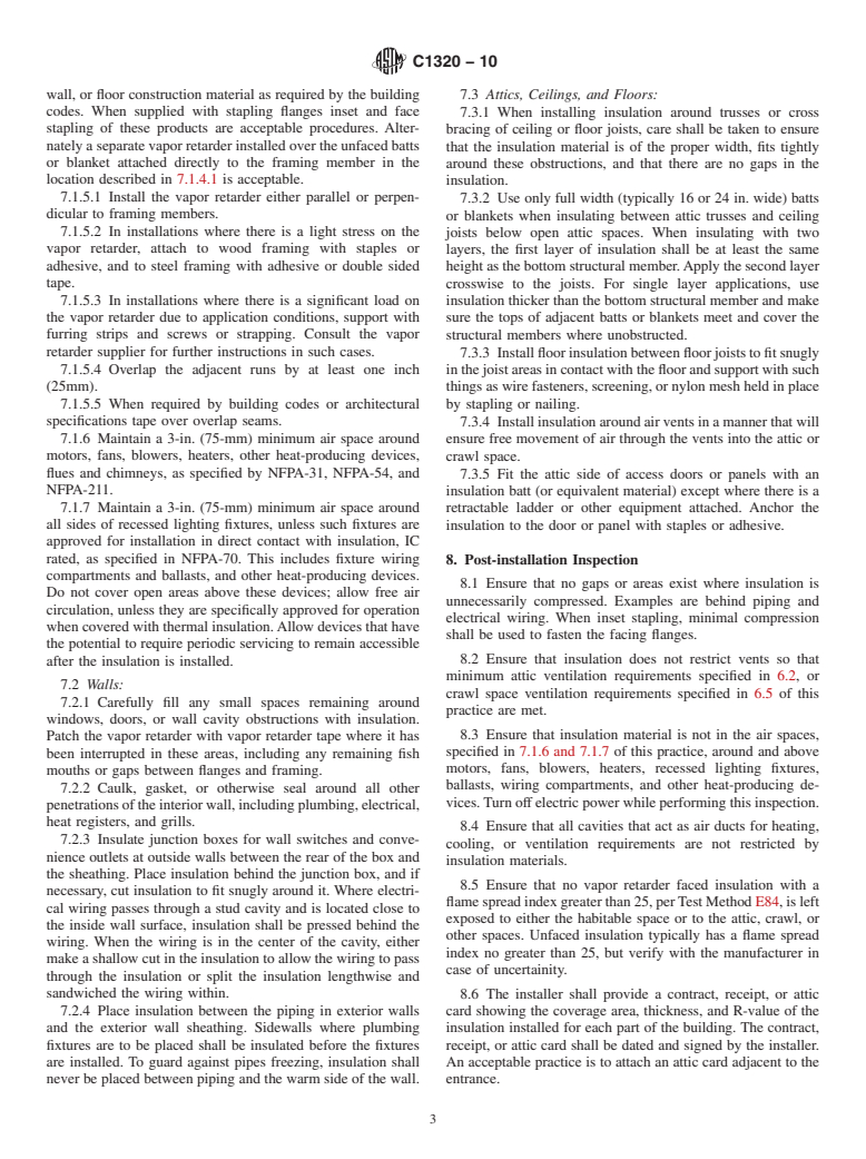 ASTM C1320-10 - Standard Practice for Installation of Mineral Fiber Batt and Blanket Thermal Insulation for Light Frame Construction