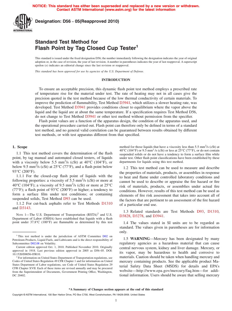 ASTM D56-05(2010) - Standard Test Method for Flash Point by Tag Closed Cup Tester