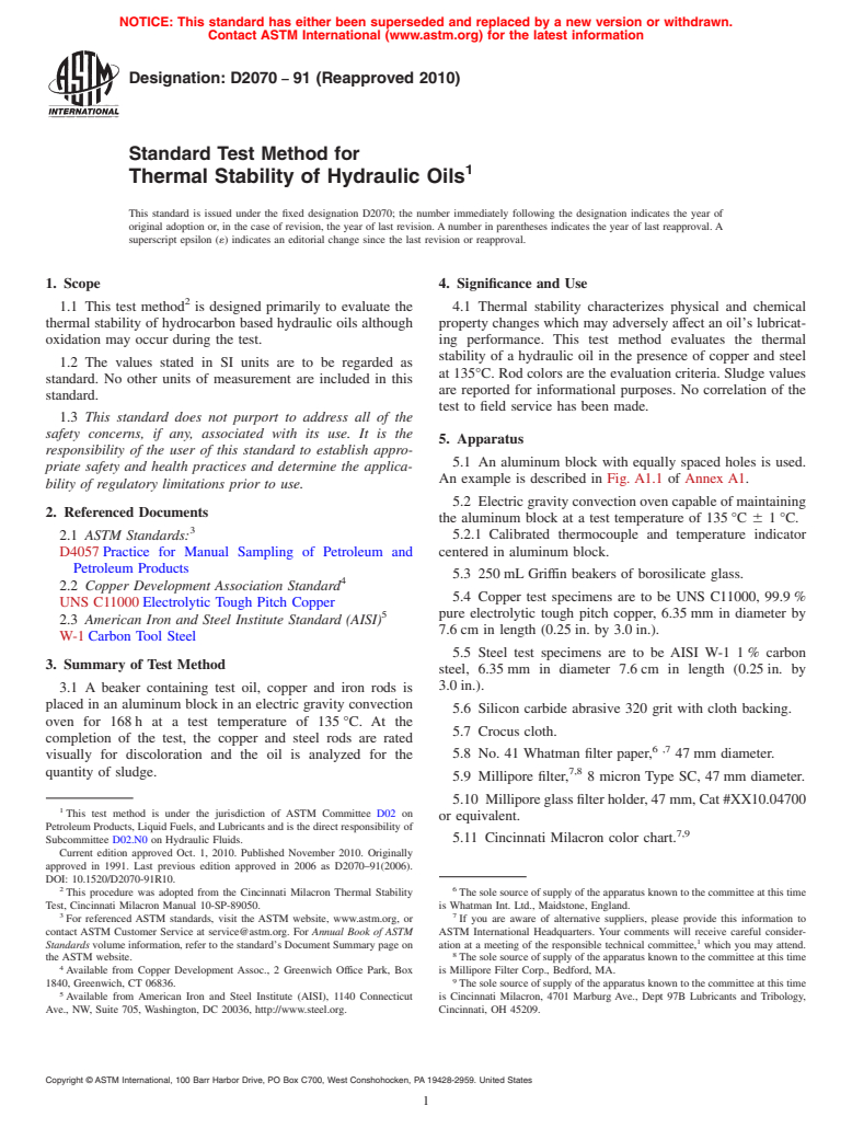 ASTM D2070-91(2010) - Standard Test Method for Thermal Stability of Hydraulic Oils