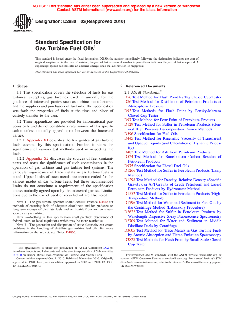 ASTM D2880-03(2010) - Standard Specification for Gas Turbine Fuel Oils