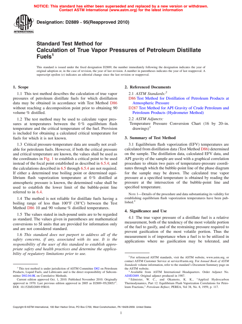 ASTM D2889-95(2010) - Standard Test Method for Calculation of True Vapor Pressures of Petroleum Distillate Fuels