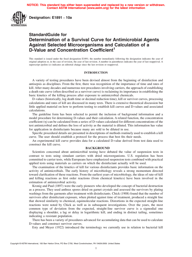 ASTM E1891-10a - Standard Guide for Determination of a Survival Curve for Antimicrobial Agents Against Selected Microorganisms and Calculation of a D-Value and Concentration Coefficient