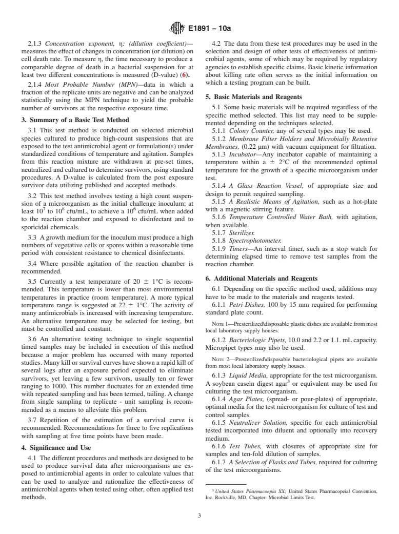 ASTM E1891-10a - Standard Guide for Determination of a Survival Curve for Antimicrobial Agents Against Selected Microorganisms and Calculation of a D-Value and Concentration Coefficient