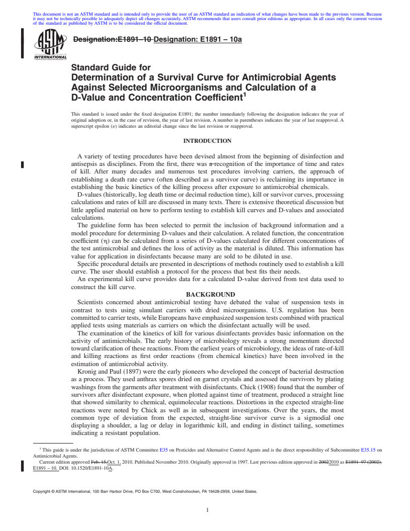 REDLINE ASTM E1891-10a - Standard Guide for Determination of a Survival Curve for Antimicrobial Agents Against Selected Microorganisms and Calculation of a D-Value and Concentration Coefficient