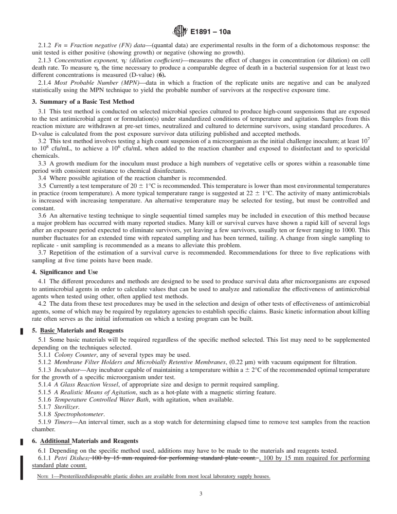 REDLINE ASTM E1891-10a - Standard Guide for Determination of a Survival Curve for Antimicrobial Agents Against Selected Microorganisms and Calculation of a D-Value and Concentration Coefficient