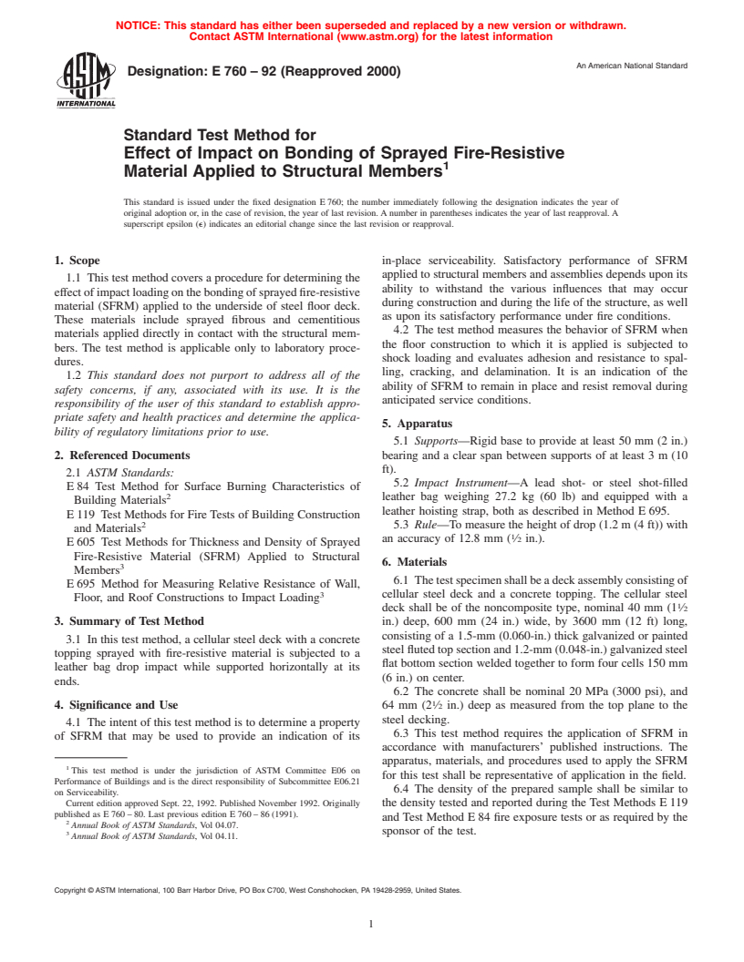 ASTM E760-92(2000) - Standard Test Method for Effect of Impact on Bonding of Sprayed Fire-Resistive Material Applied to Structural Members