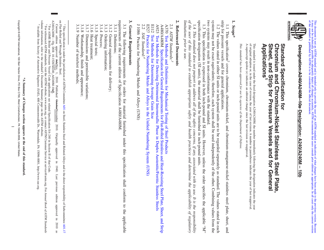 REDLINE ASTM A240/A240M-10b - Standard Specification for Chromium and Chromium-Nickel Stainless Steel Plate, Sheet, and Strip for Pressure Vessels and for General Applications