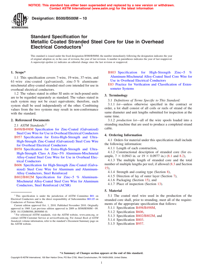 ASTM B500/B500M-10 - Standard Specification for  Metallic Coated Stranded Steel Core for Use in Overhead Electrical Conductors