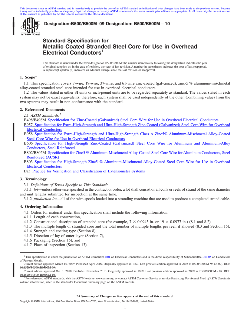 REDLINE ASTM B500/B500M-10 - Standard Specification for  Metallic Coated Stranded Steel Core for Use in Overhead Electrical Conductors