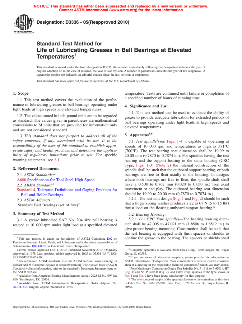 ASTM D3336-05(2010) - Standard Test Method for Life of Lubricating Greases in Ball Bearings at Elevated Temperatures