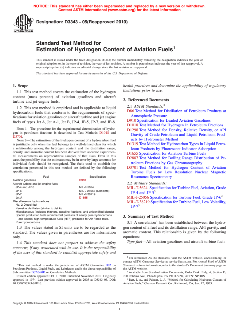 ASTM D3343-05(2010) - Standard Test Method for Estimation of Hydrogen Content of Aviation Fuels