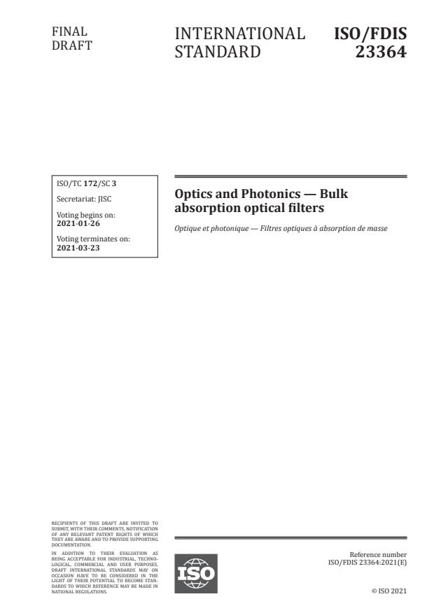 ISO/FDIS 23364:Version 22-jan-2021 - Optics and Photonics -- Bulk absorption optical filters