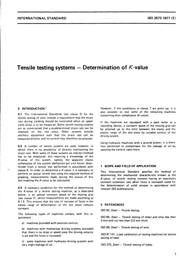 ISO 2573:1977 - Tensile testing systems -- Determination of K-value