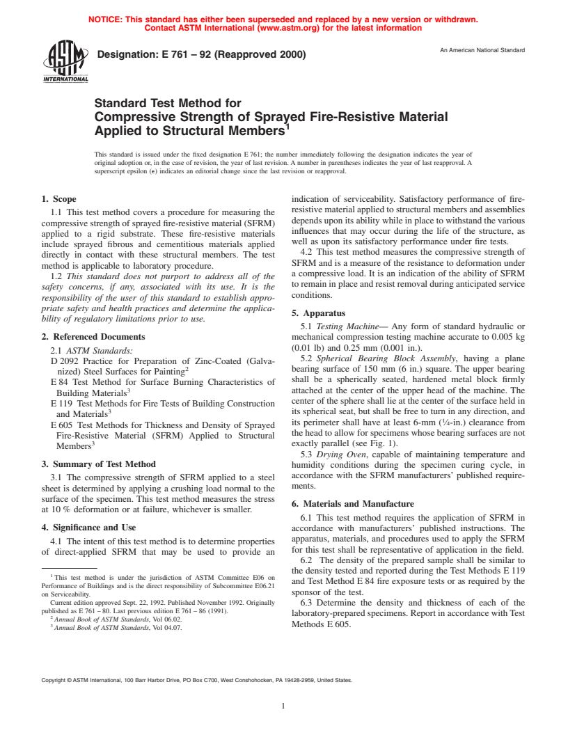 ASTM E761-92(2000) - Standard Test Method for Compressive Strength of Sprayed Fire-Resistive Material Applied to Structural Members