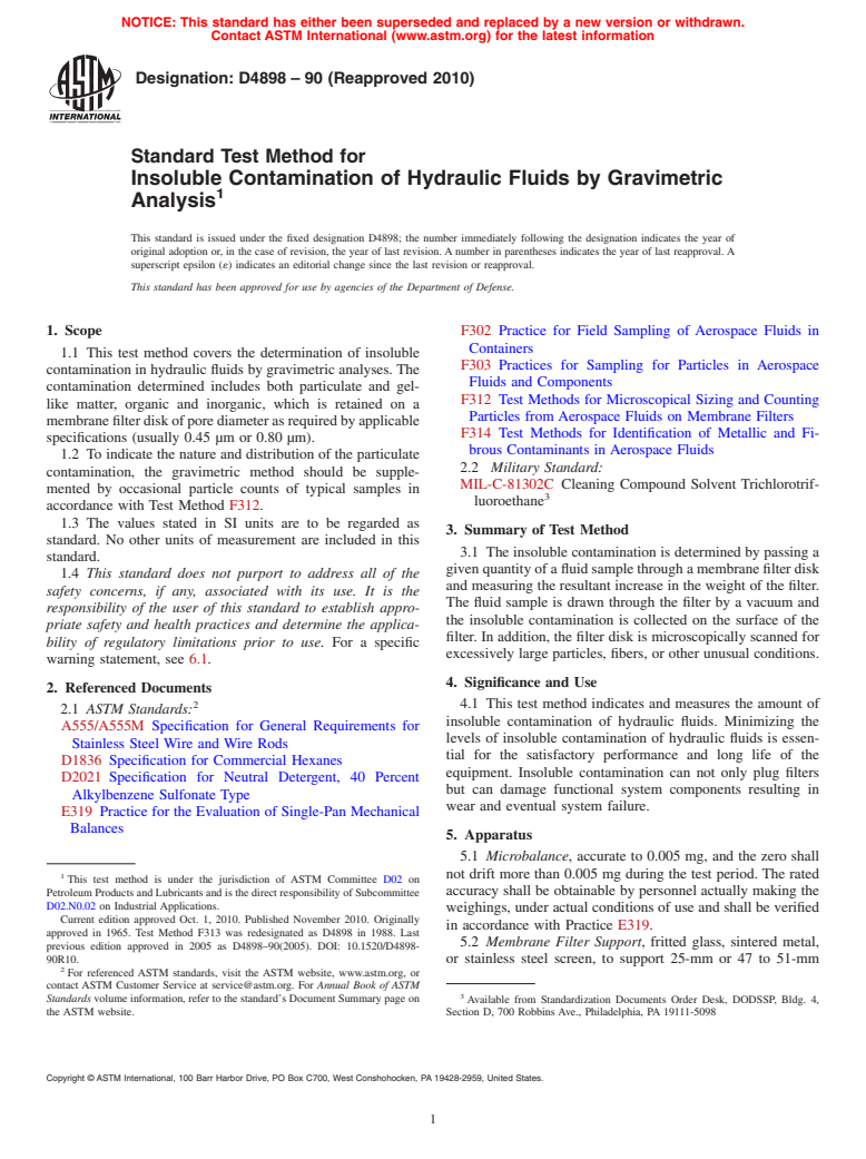 ASTM D4898-90(2010) - Standard Test Method for Insoluble Contamination of Hydraulic Fluids by Gravimetric Analysis