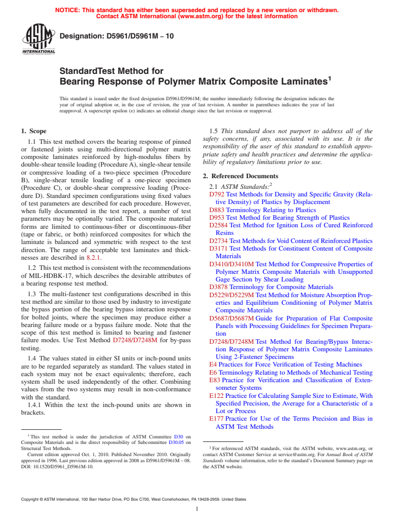 ASTM D5961/D5961M-10 - Standard Test Method for Bearing Response of Polymer Matrix Composite Laminates