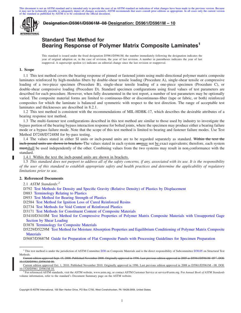 REDLINE ASTM D5961/D5961M-10 - Standard Test Method for Bearing Response of Polymer Matrix Composite Laminates