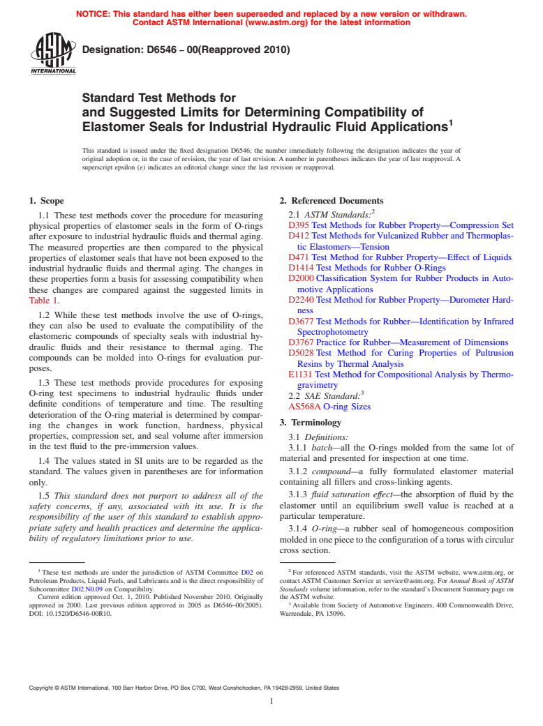 ASTM D6546-00(2010) - Standard Test Methods for and Suggested Limits for Determining Compatibility of Elastomer Seals for Industrial Hydraulic Fluid Applications