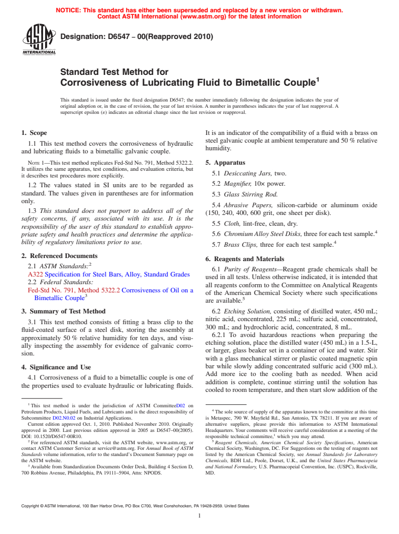 ASTM D6547-00(2010) - Standard Test Method for Corrosiveness of Lubricating Fluid to Bimetallic Couple