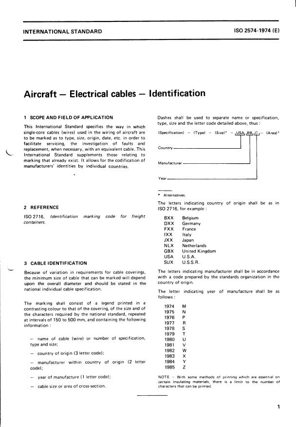 ISO 2574:1974 - Aircraft -- Electrical cables -- Identification