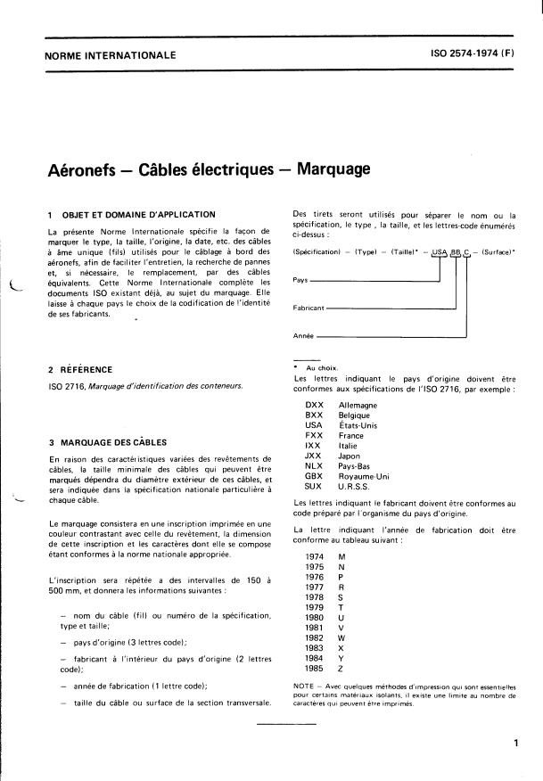 ISO 2574:1974 - Aéronefs -- Câbles électriques -- Marquage