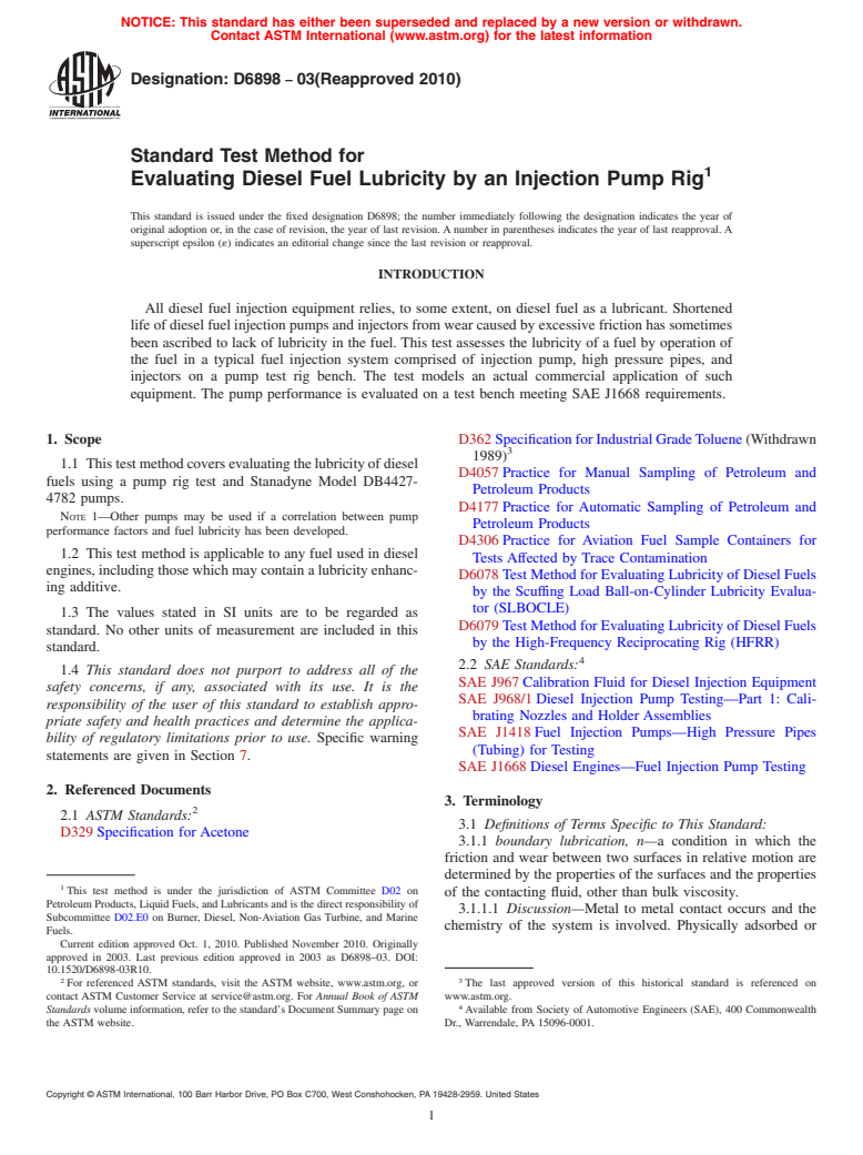 ASTM D6898-03(2010) - Standard Test Method for Evaluating Diesel Fuel Lubricity by an Injection Pump Rig