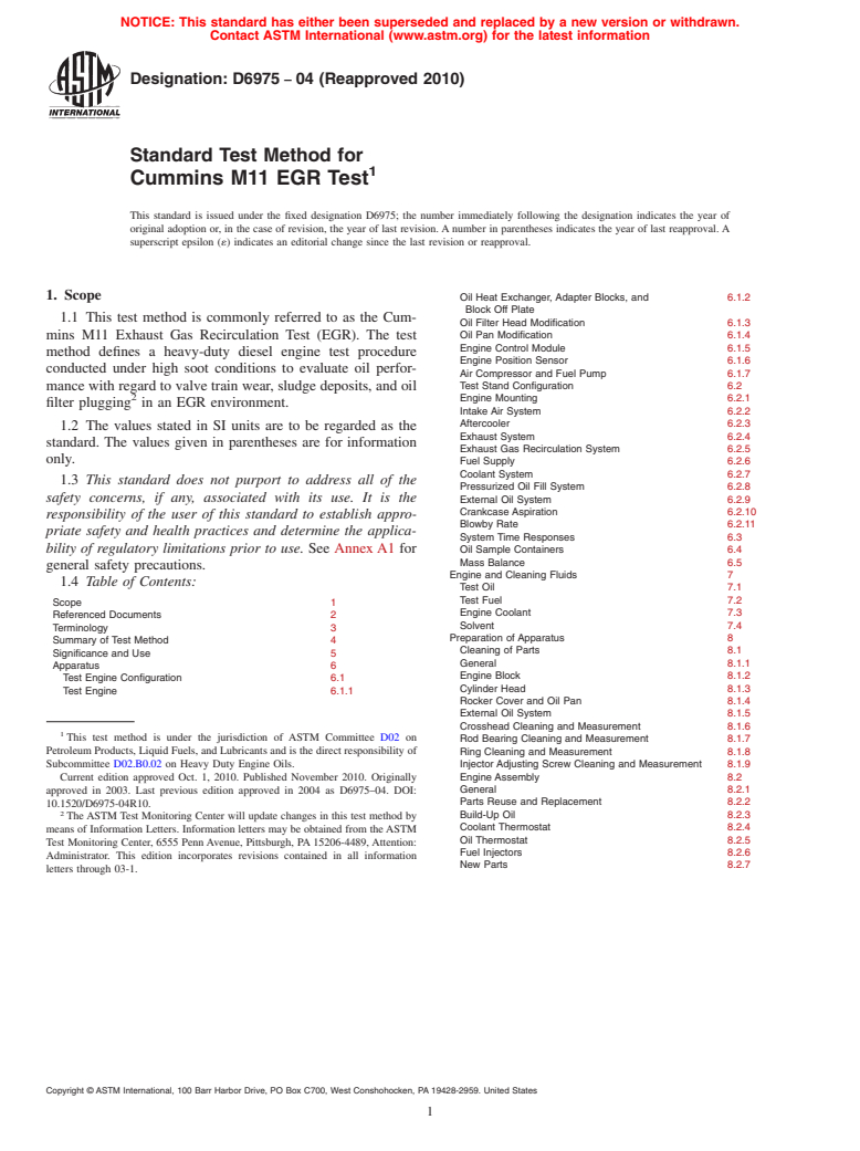 ASTM D6975-04(2010) - Standard Test Method for Cummins M11 EGR Test (Withdrawn 2019)
