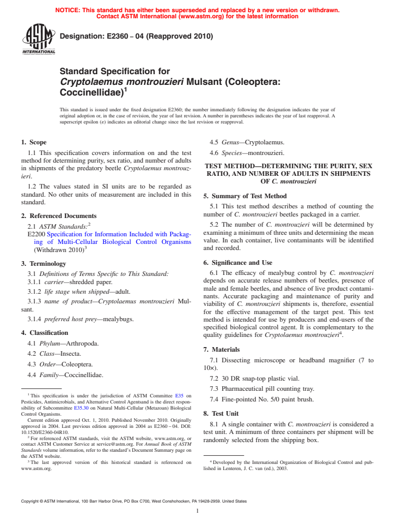 ASTM E2360-04(2010) - Specification for Cryptolaemus montrouzieri ...