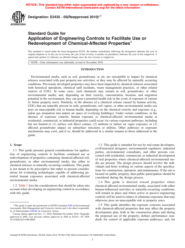 ASTM E2435-05(2010)e1 - Standard Guide for Application of Engineering Controls to Facilitate Use or Redevelopment of Chemical-Affected Properties