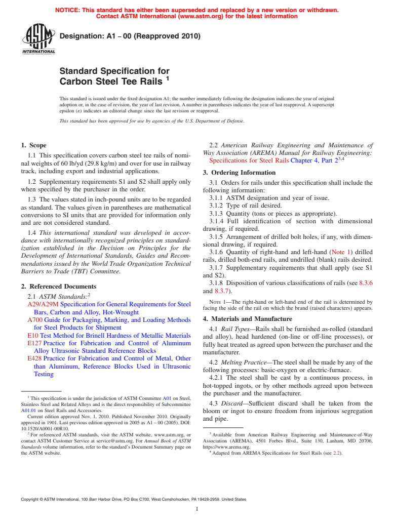 ASTM A1-00(2010) - Standard Specification for Carbon Steel Tee Rails