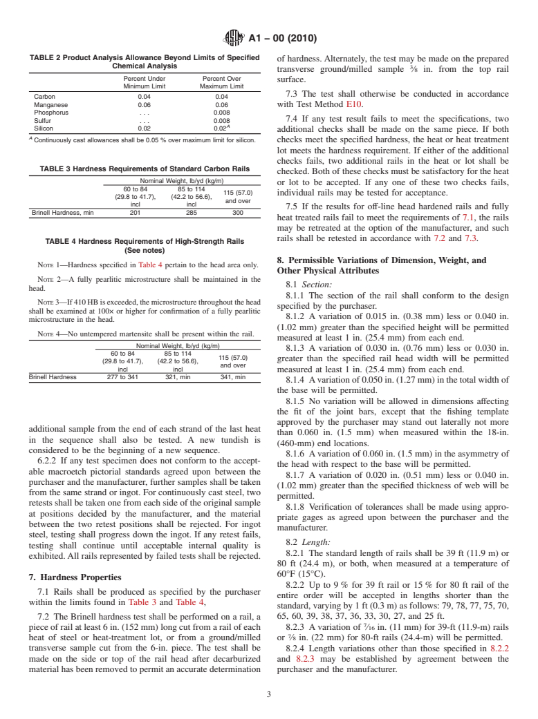 ASTM A1-00(2010) - Standard Specification for Carbon Steel Tee Rails