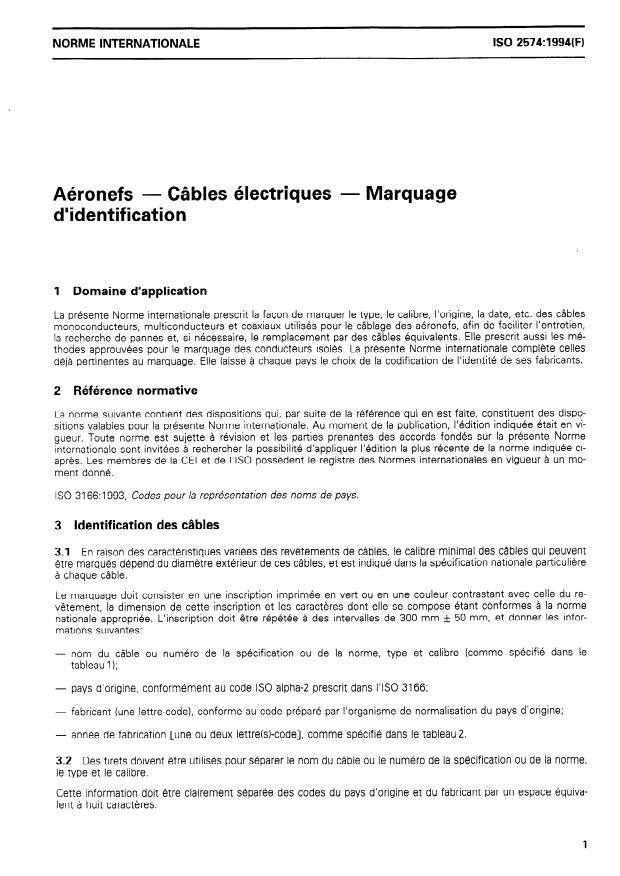 ISO 2574:1994 - Aéronefs -- Câbles électriques -- Marquage d'identification