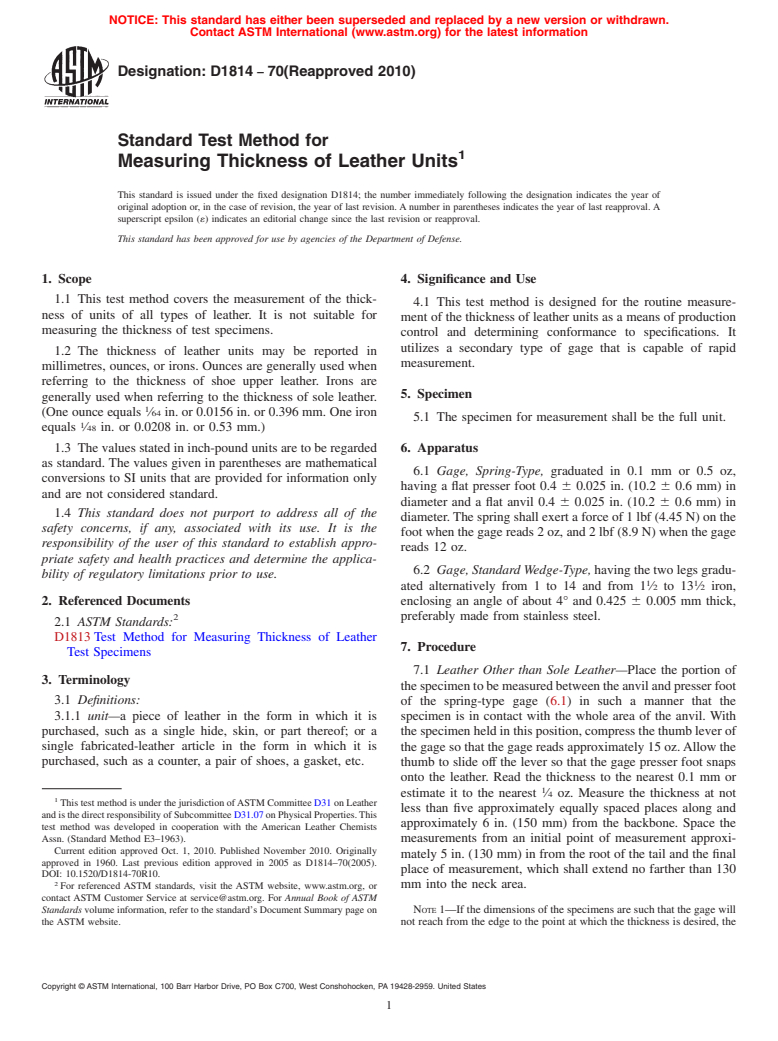 ASTM D1814-70(2010) - Standard Test Method for Measuring Thickness of Leather Units