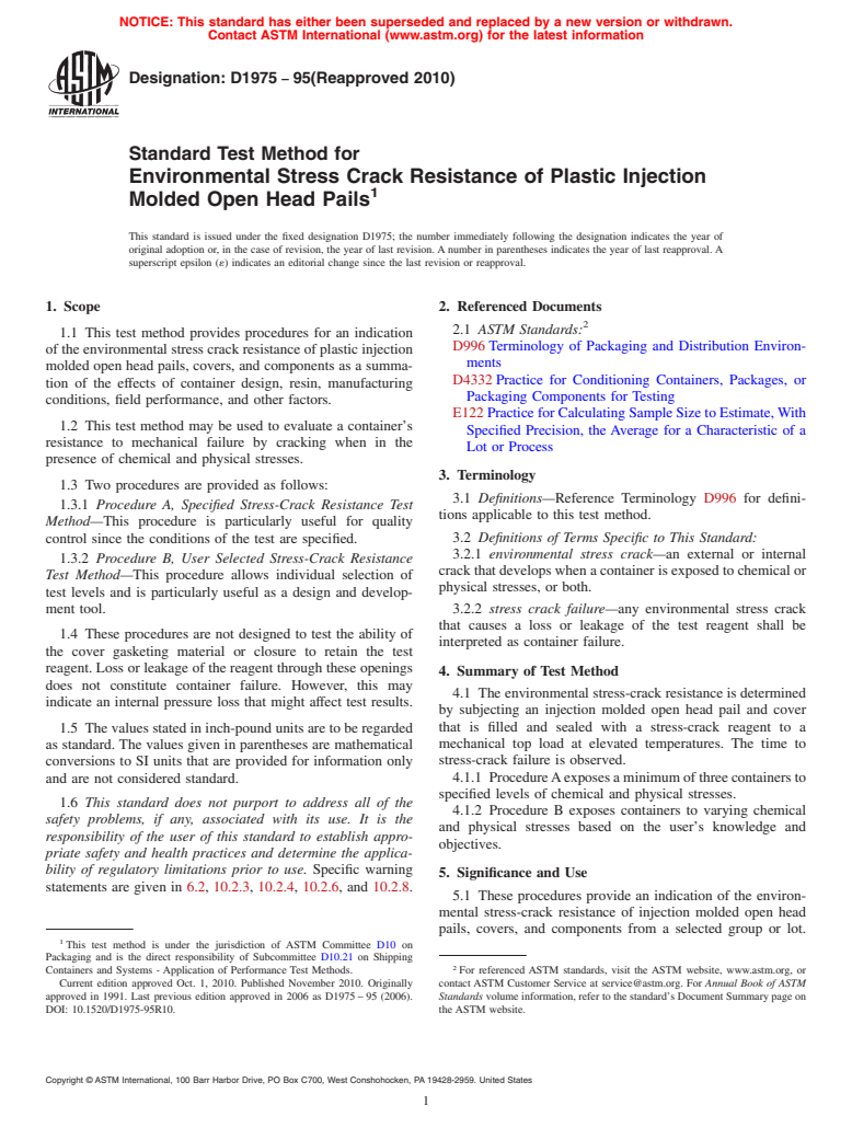 ASTM D1975-95(2010) - Standard Test Method for Environmental Stress Crack Resistance of Plastic Injection Molded Open Head Pails