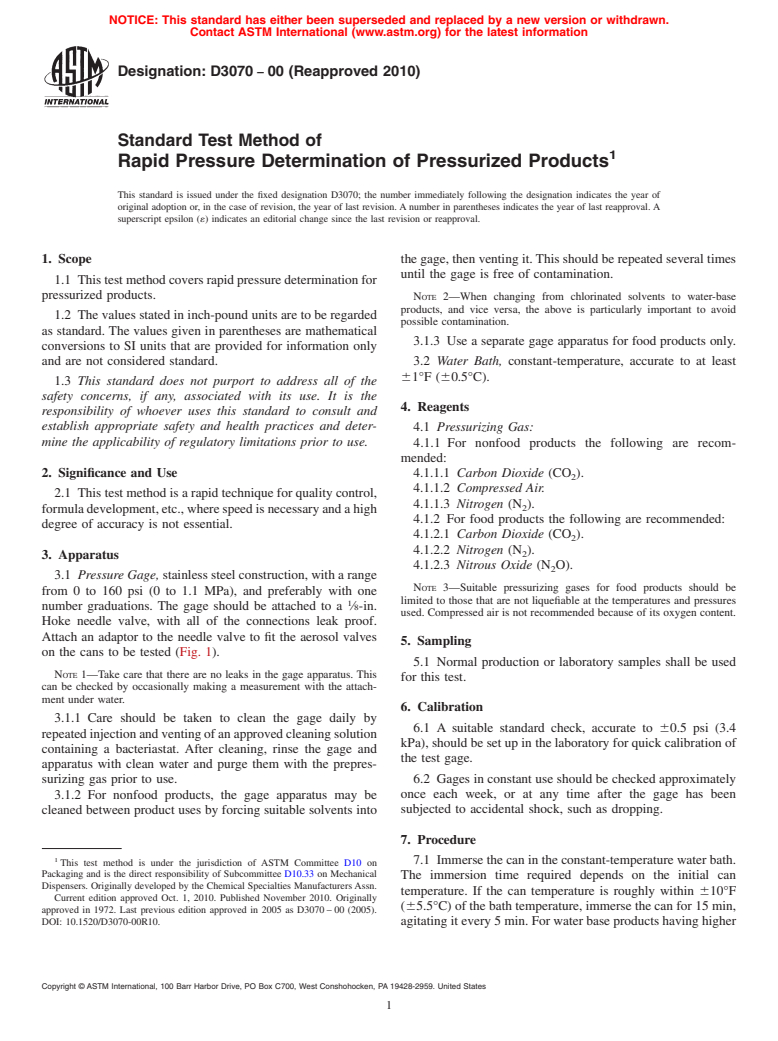 ASTM D3070-00(2010) - Standard Test Method of Rapid Pressure Determination of Pressurized Products