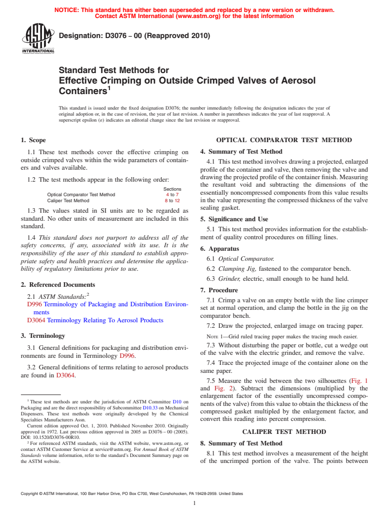 ASTM D3076-00(2010) - Standard Test Methods for Effective Crimping on Outside Crimped Valves of Aerosol Containers