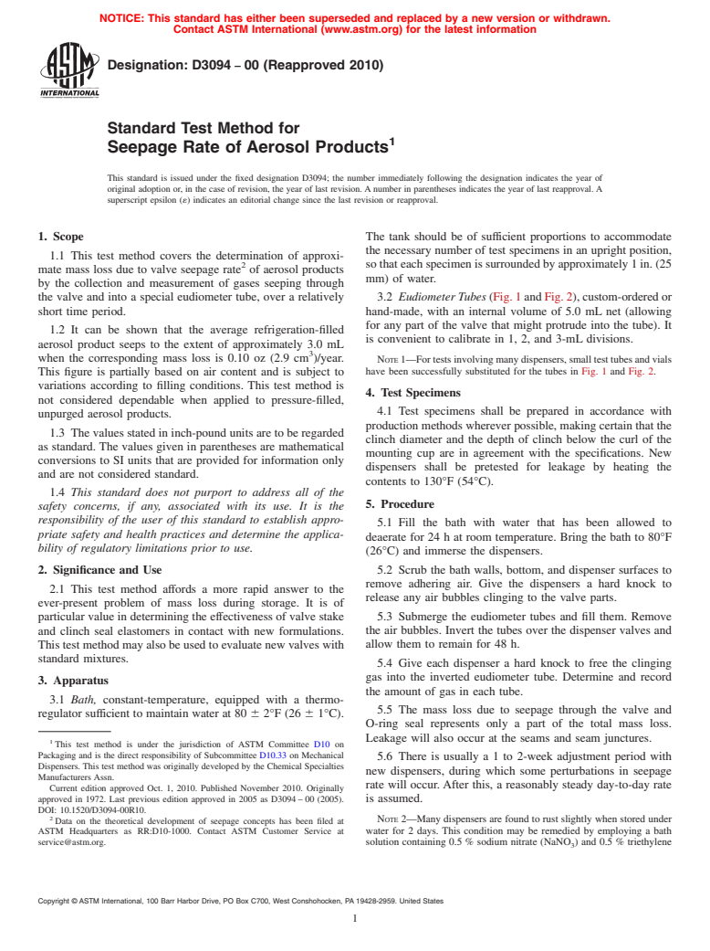 ASTM D3094-00(2010) - Standard Test Method for Seepage Rate of Aerosol Products