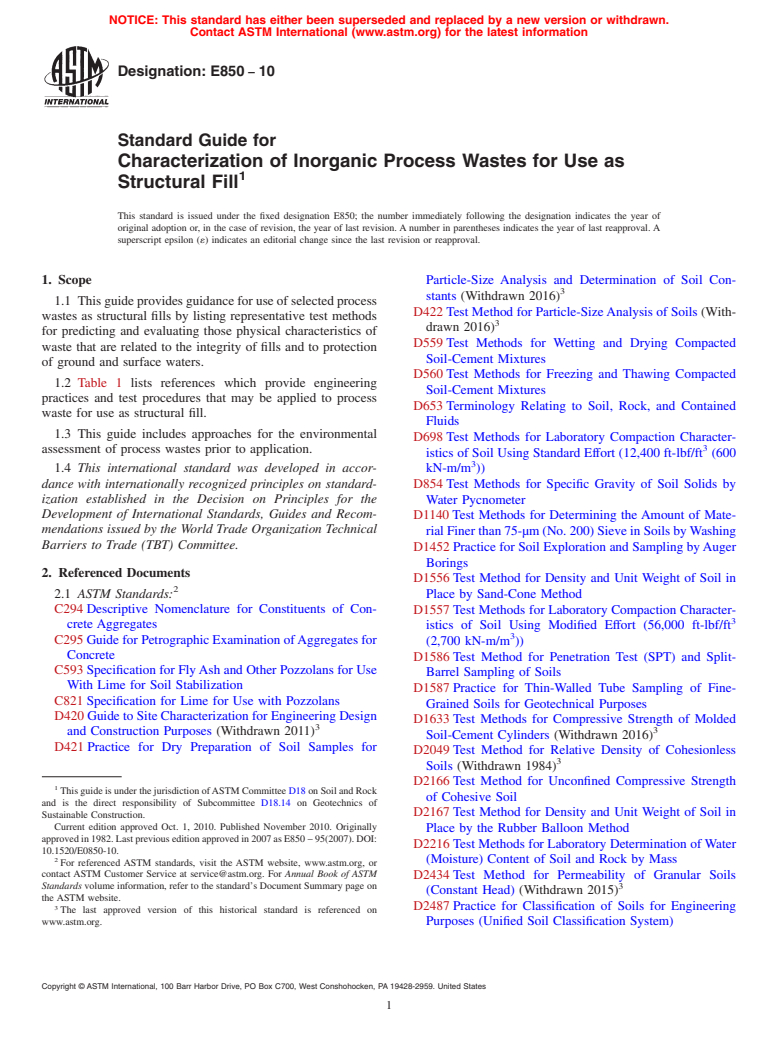 ASTM E850-10 - Standard Guide for  Characterization of Inorganic Process Wastes for Use as Structural Fill (Withdrawn 2019)