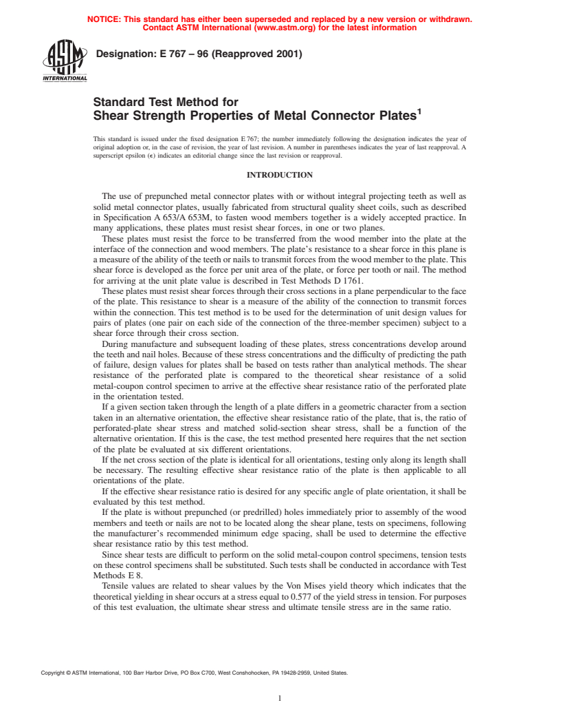 ASTM E767-96(2001) - Standard Test Method for Shear Strength Properties of Metal Connector Plates (Withdrawn 2005)