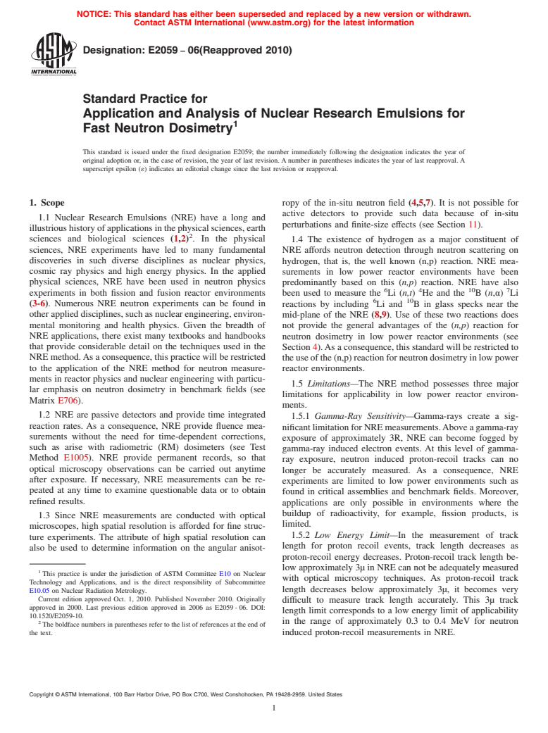 ASTM E2059-06(2010) - Standard Practice for Application and Analysis of Nuclear Research Emulsions for Fast Neutron Dosimetry