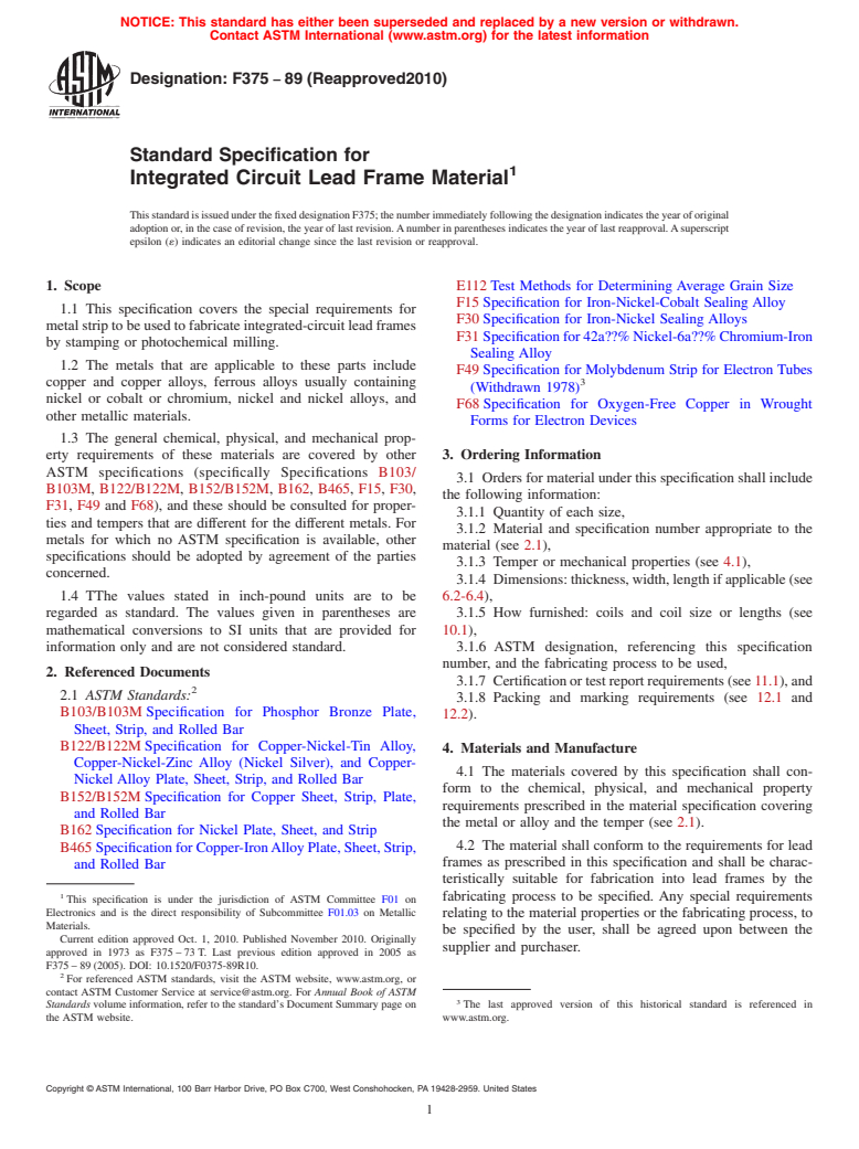 ASTM F375-89(2010) - Standard Specification for Integrated Circuit Lead Frame Material